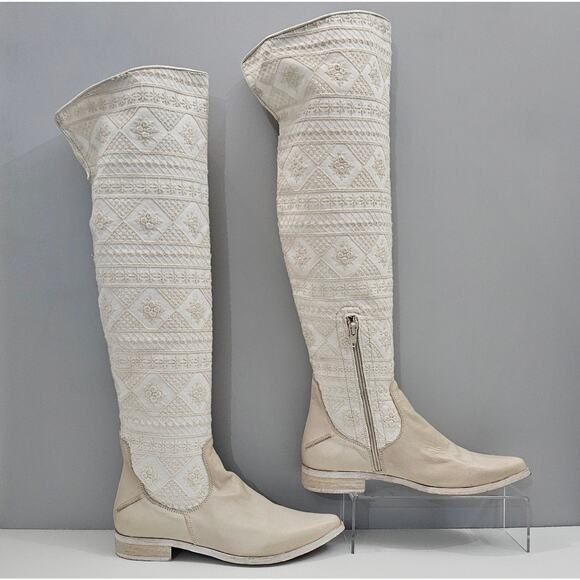 NEW Free People Bren Knee High Boot Womens EU 38 Cream Embroidered Boho Slouchy - Picture 3 of 15
